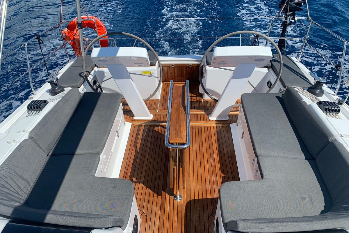 Cockpit of Oreo, a Hanse Yachts Hanse 458 sailboat at Lavreotiki Municipal Unit, Greece