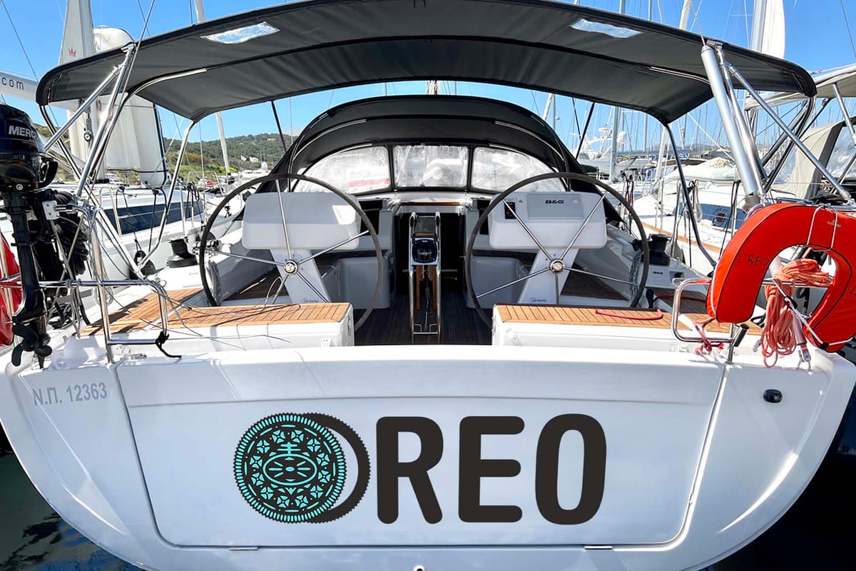 Exterior view of Oreo, a Hanse Yachts Hanse 458 sailboat at Lavreotiki Municipal Unit, Greece