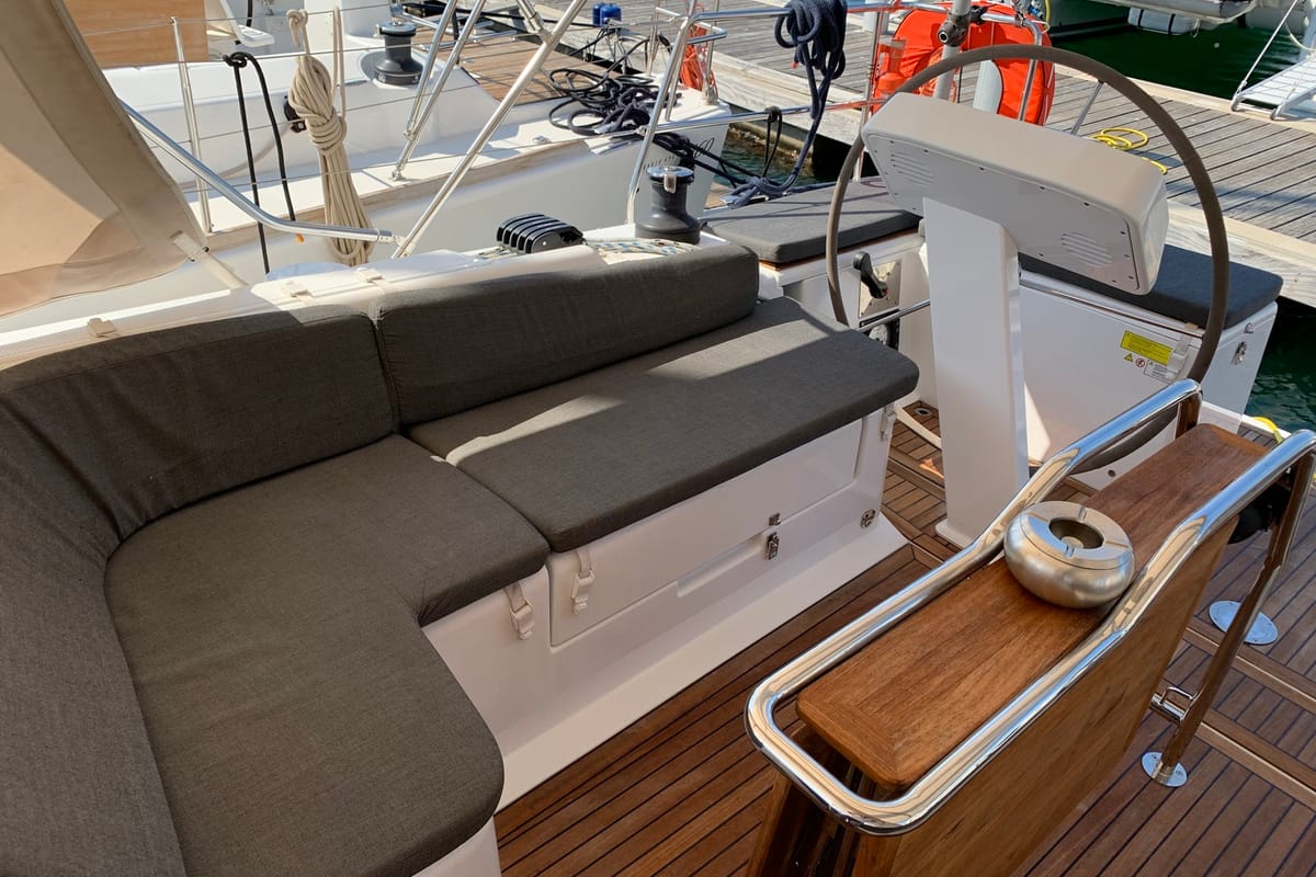 Deck of Oreo, a Hanse Yachts Hanse 458 sailboat at Lavreotiki Municipal Unit, Greece