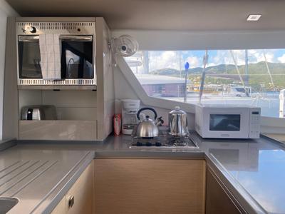 Galley of Peacemaker, a Fountaine Pajot Helia 44 catamaran at Road Town, British Virgin Islands