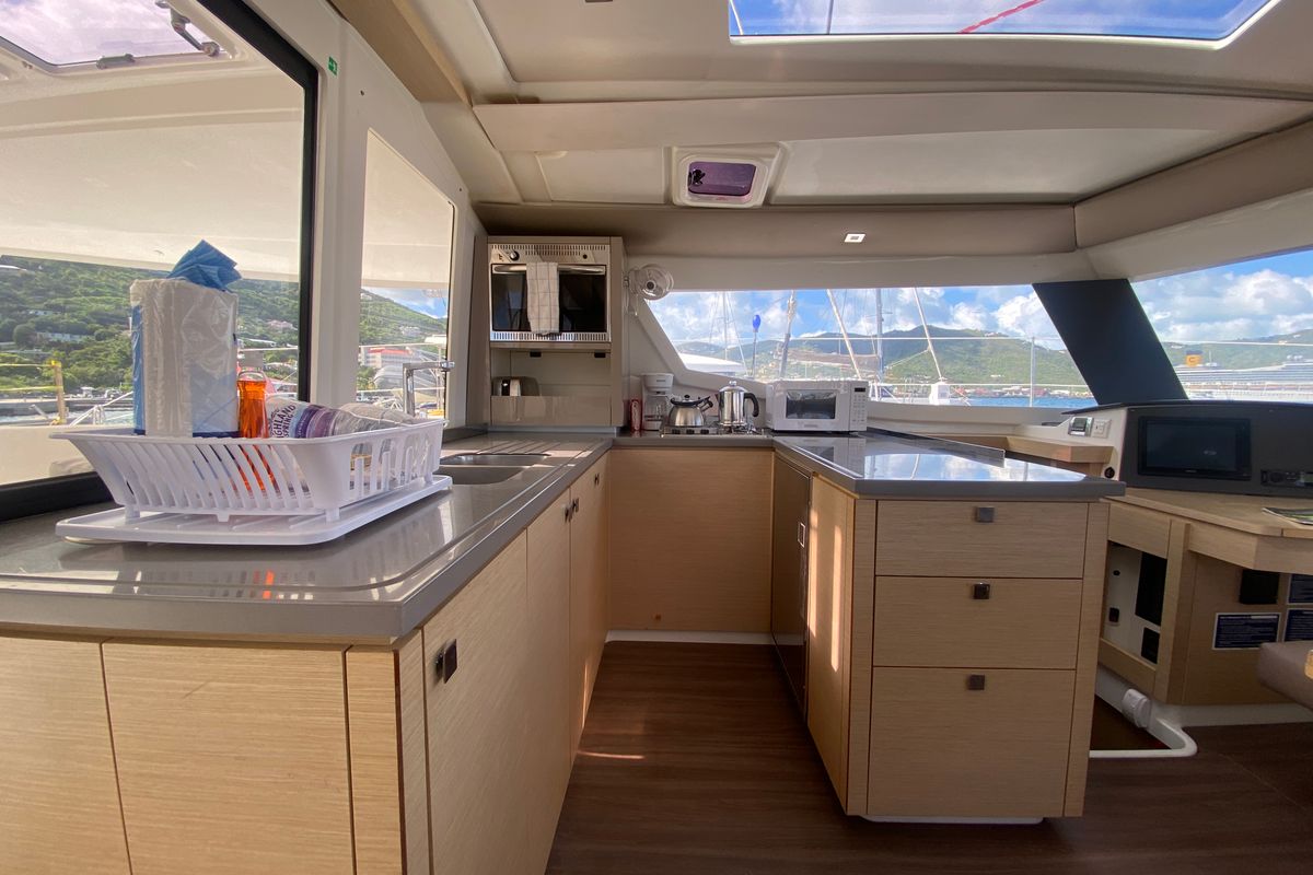Galley of Peacemaker, a Fountaine Pajot Helia 44 catamaran at Road Town, British Virgin Islands