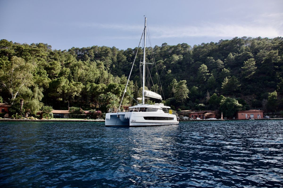 Exterior view of Rea, a Bali Catspace catamaran at Fethiye, Turkey