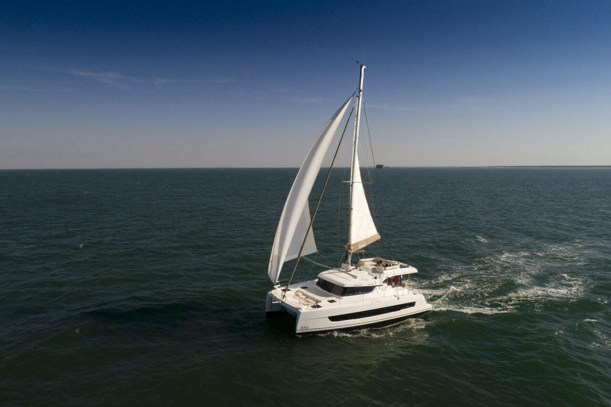 Exterior view of Rea, a Bali Catspace catamaran at Fethiye, Turkey