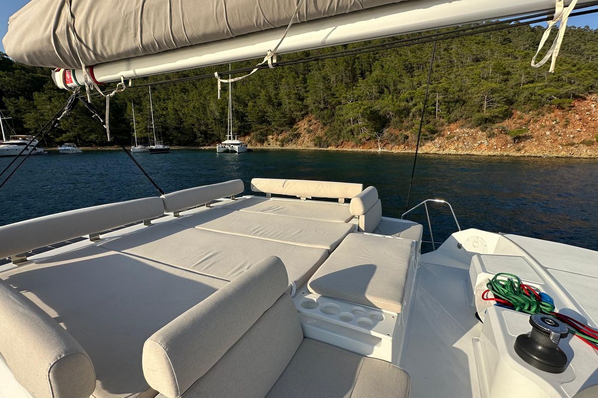 Deck of Rea, a Bali Catspace catamaran at Fethiye, Turkey