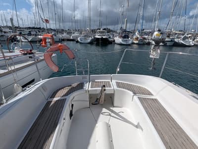 Cockpit of Eole, a Beneteau Oceanis 311 sailboat at Saint-Cast-le-Guildo, France