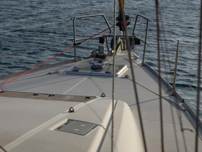 Deck of Leia, a Jeanneau Sun Odyssey 519 sailboat at Ibiza, Spain