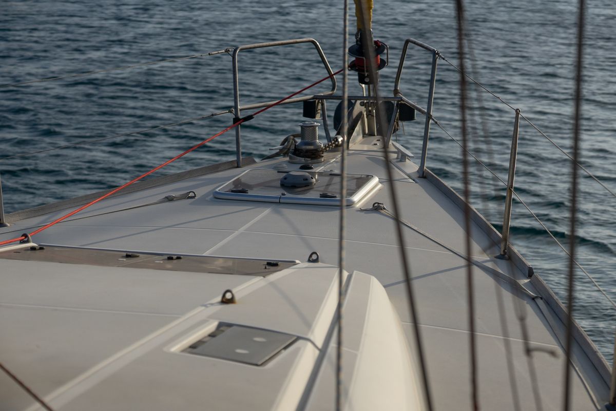 Deck of Leia, a Jeanneau Sun Odyssey 519 sailboat at Ibiza, Spain