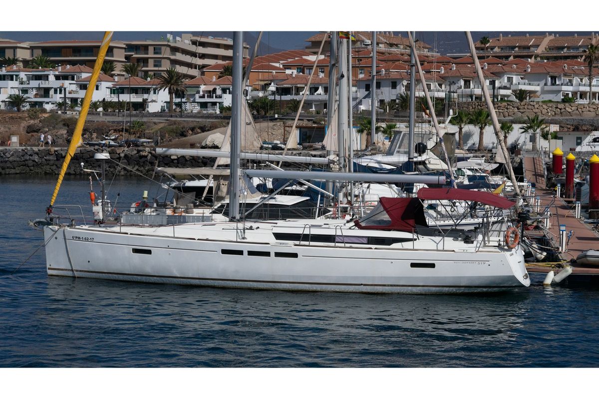 Exterior view of Leia, a Jeanneau Sun Odyssey 519 sailboat at Ibiza, Spain