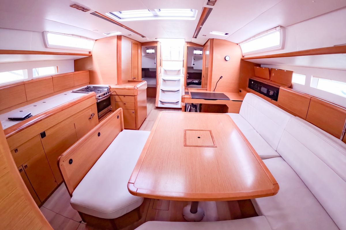 Salon of Leia, a Jeanneau Sun Odyssey 519 sailboat at Ibiza, Spain