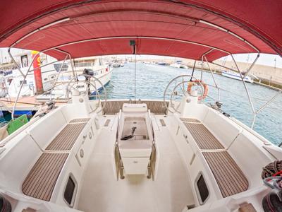 Cockpit of Leia, a Jeanneau Sun Odyssey 519 sailboat at Ibiza, Spain