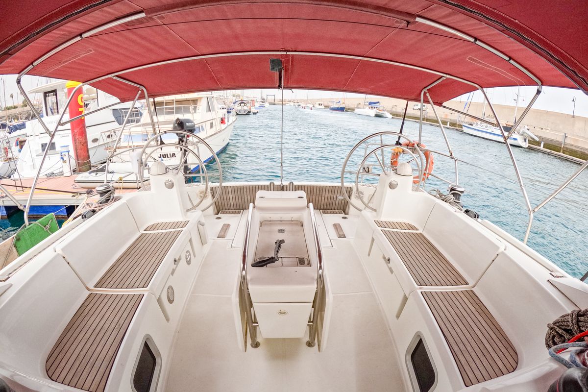 Cockpit of Leia, a Jeanneau Sun Odyssey 519 sailboat at Ibiza, Spain
