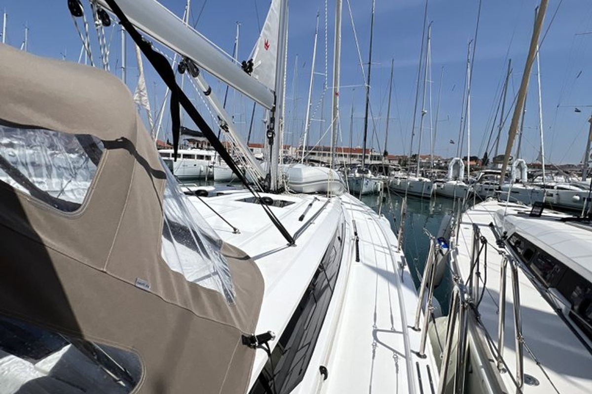 Deck of Calypso, a Bavaria C45 sailboat at Pirovac, Croatia