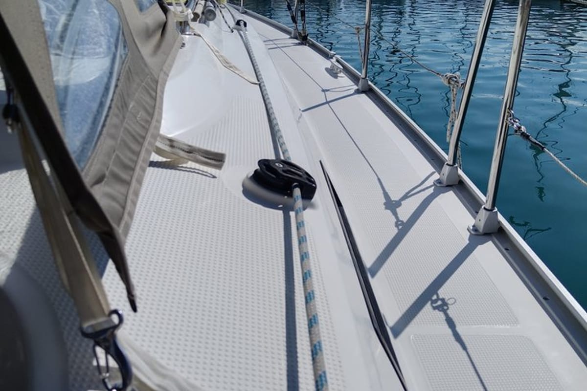 Deck of Sea Hope, a Bavaria Cruiser 37 sailboat at Kontokali, Greece