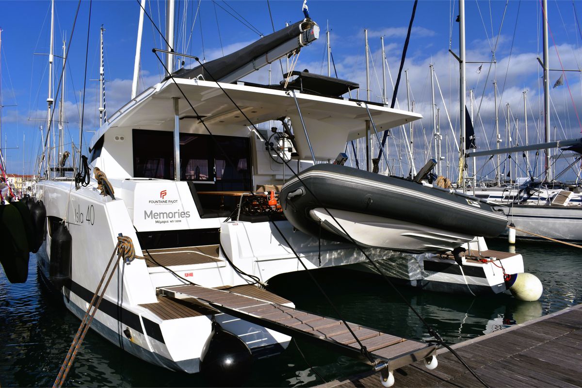 Exterior view of Memories, a Fountaine Pajot Isla 40 catamaran at Municipal Unit of Lefkada, Greece
