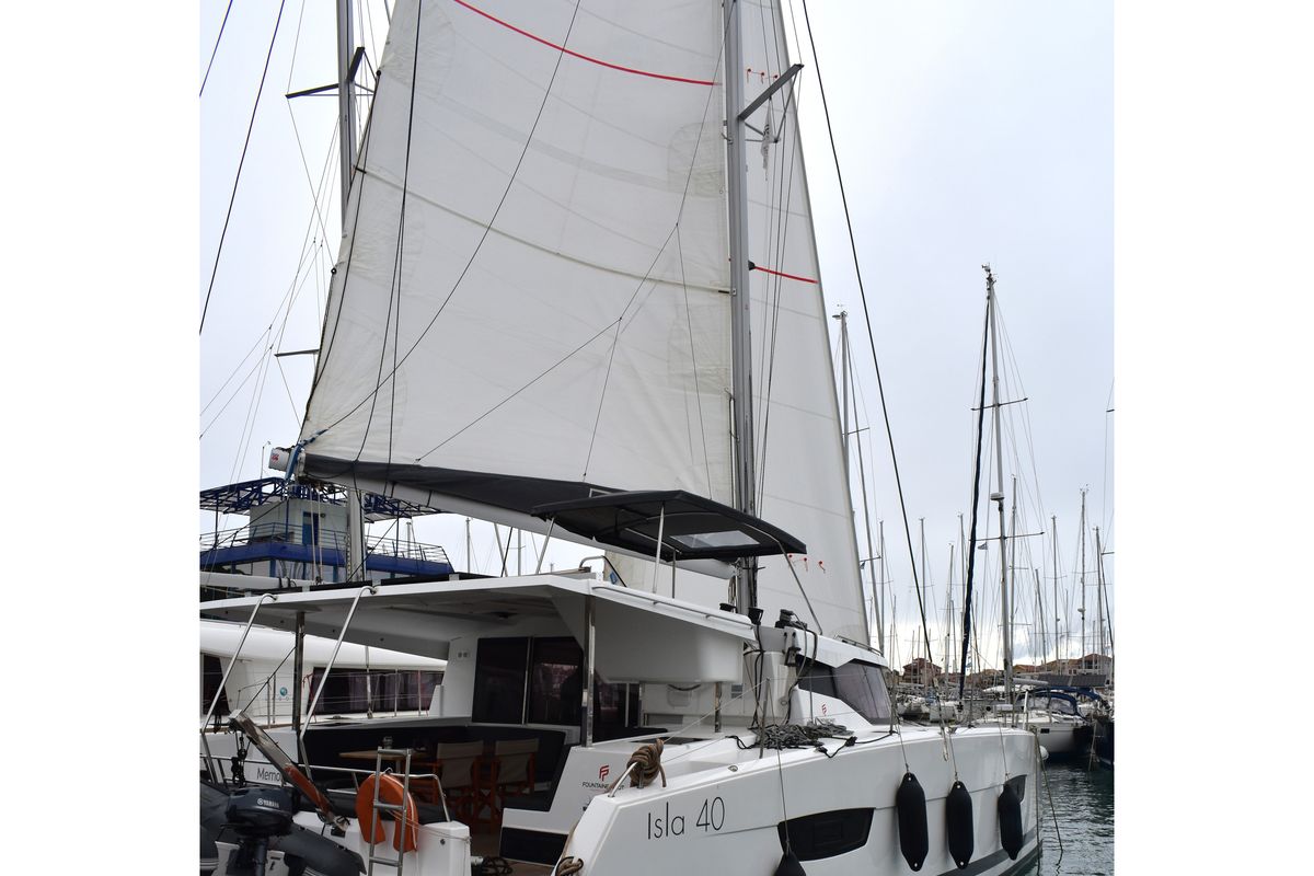 Exterior view of Memories, a Fountaine Pajot Isla 40 catamaran at Municipal Unit of Lefkada, Greece