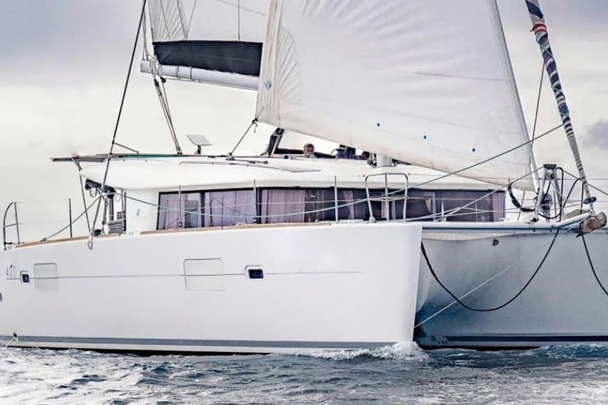 Exterior view of Esmeralda, a Lagoon 400 S2 catamaran at Santa Eulària des Riu, Spain