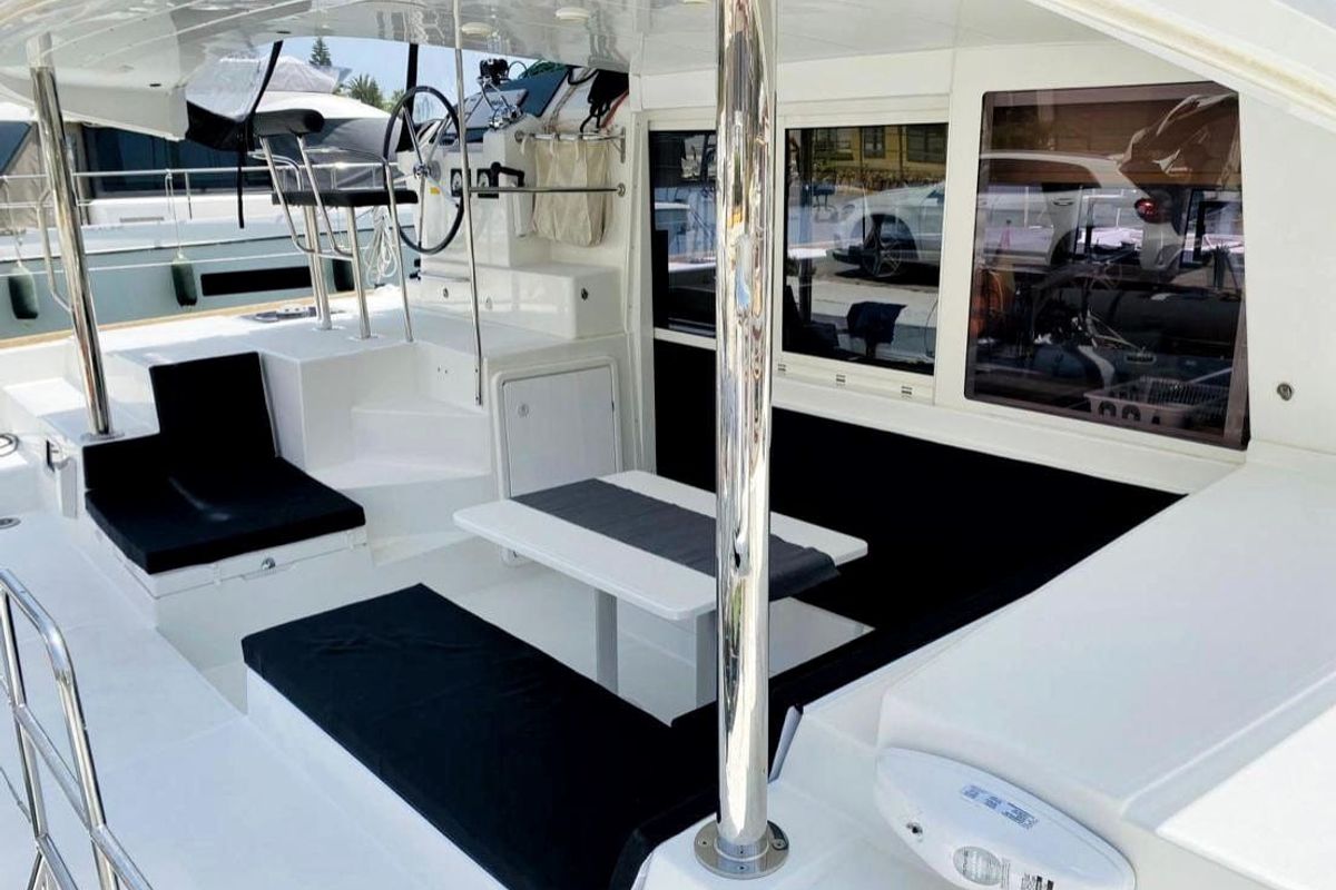 Deck of Esmeralda, a Lagoon 400 S2 catamaran at Santa Eulària des Riu, Spain