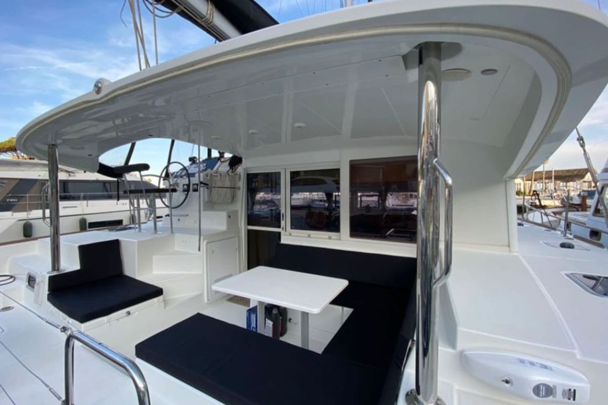 Deck of Esmeralda, a Lagoon 400 S2 catamaran at Santa Eulària des Riu, Spain