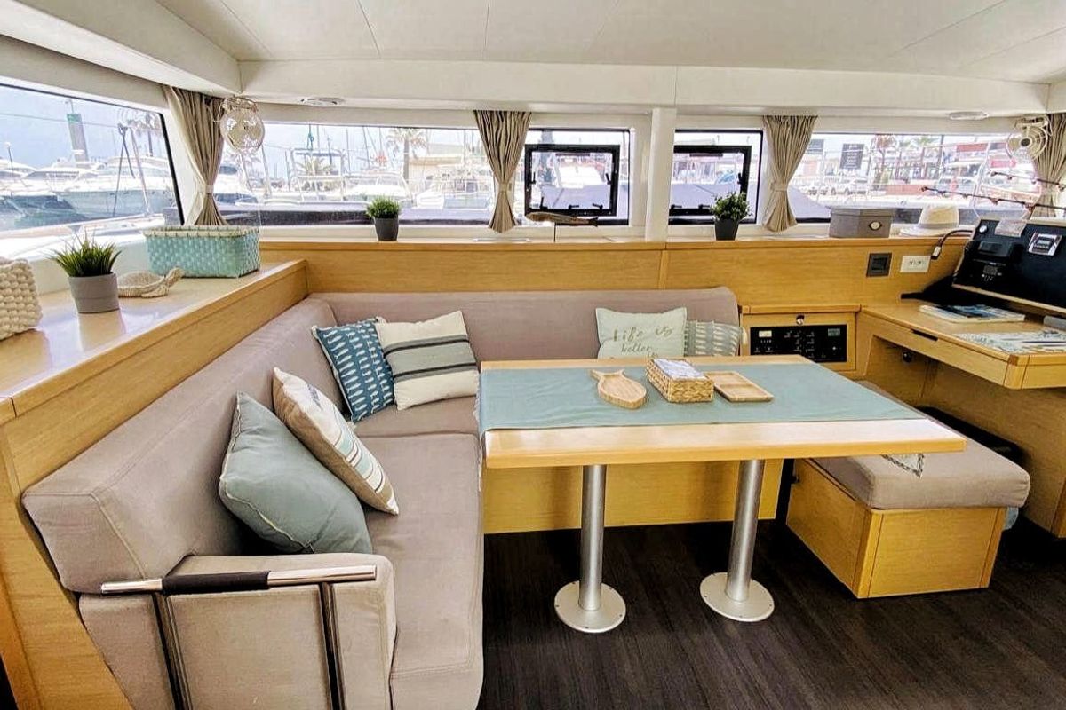 Salon of Esmeralda, a Lagoon 400 S2 catamaran at Santa Eulària des Riu, Spain