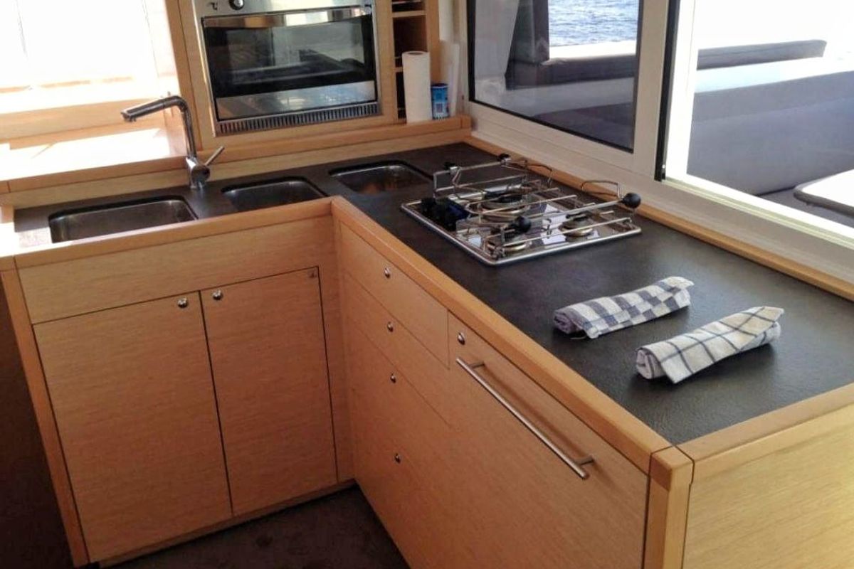 Galley of Esmeralda, a Lagoon 400 S2 catamaran at Santa Eulària des Riu, Spain