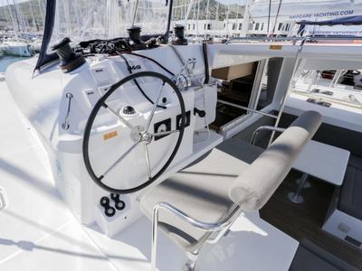 Cockpit of Esmeralda, a Lagoon 400 S2 catamaran at Santa Eulària des Riu, Spain