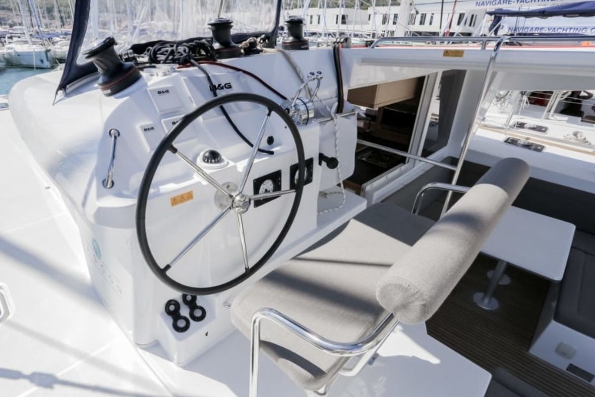 Cockpit of Esmeralda, a Lagoon 400 S2 catamaran at Santa Eulària des Riu, Spain