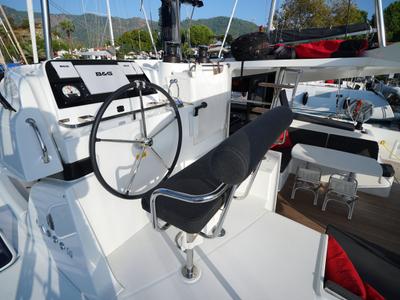 Cockpit of Little Dream, a Lagoon 42 catamaran at Marmaris, Turkey