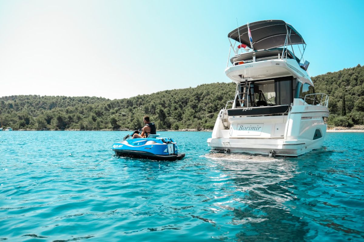 Exterior view of Borimir, a Bavaria R40 motorboat at Seget Donji, Croatia
