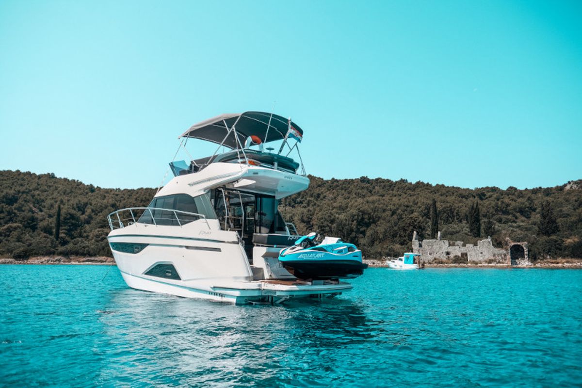 Exterior view of Borimir, a Bavaria R40 motorboat at Seget Donji, Croatia