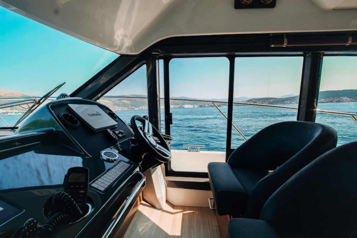 Cockpit of Borimir, a Bavaria R40 motorboat at Seget Donji, Croatia