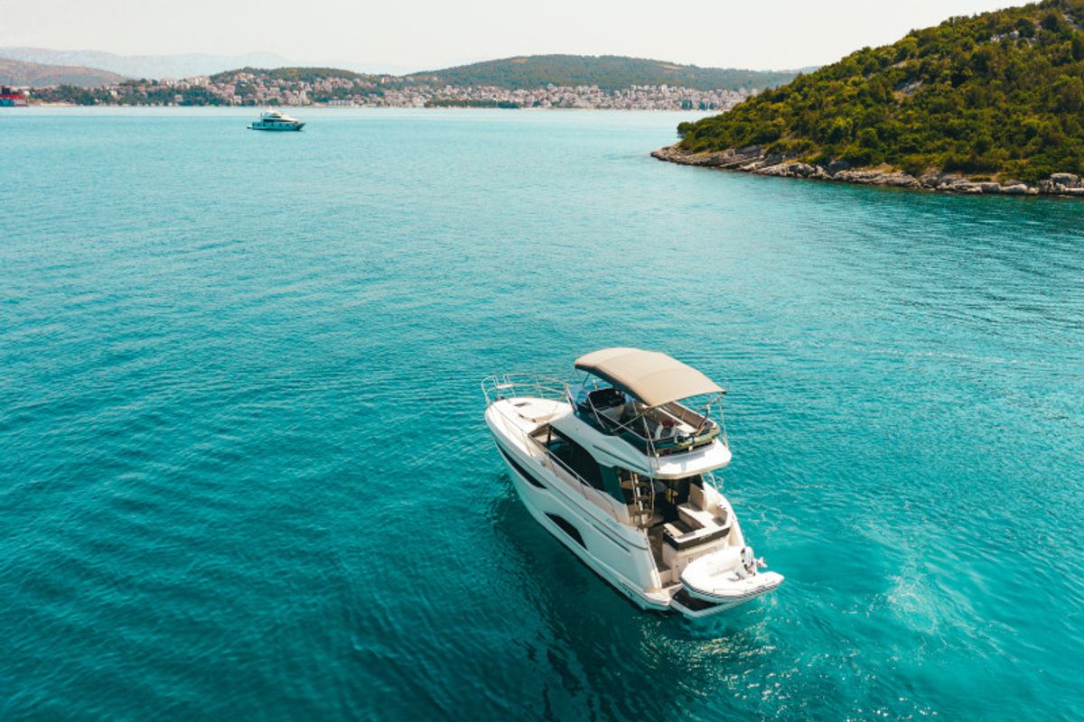 Exterior view of Borimir, a Bavaria R40 motorboat at Seget Donji, Croatia