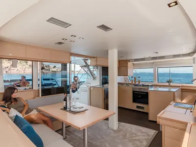 Salon of Dugongo II, a Lagoon 52 catamaran at Le Gosier, France
