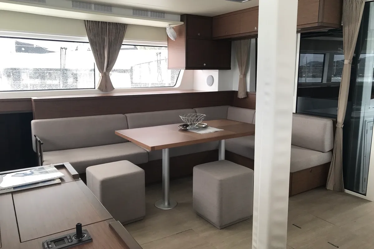 Salon of Dugongo II, a Lagoon 52 catamaran at Le Gosier, France