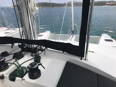 Cockpit of Dugongo II, a Lagoon 52 catamaran at Le Gosier, France
