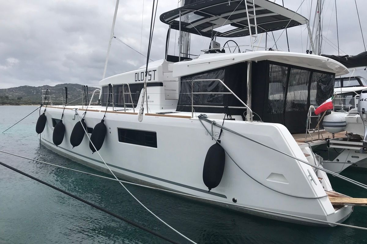 Exterior view of Dugongo II, a Lagoon 52 catamaran at Le Gosier, France
