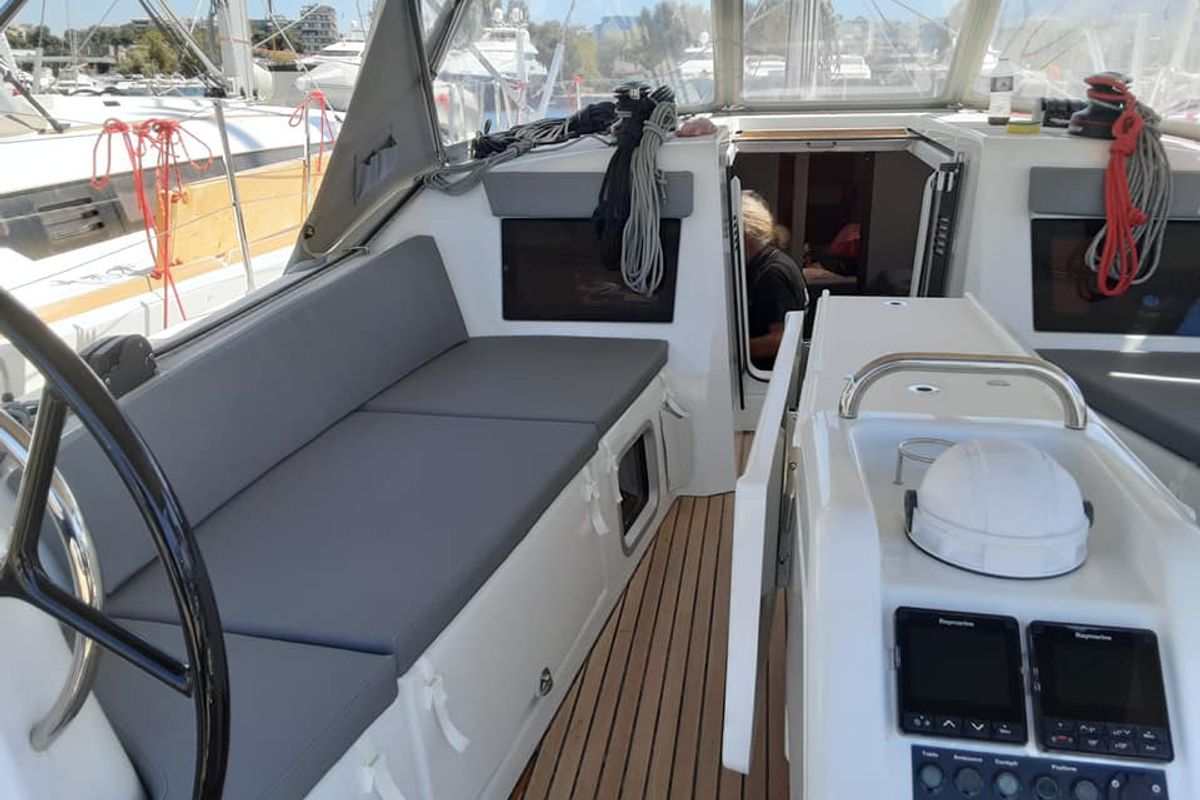 Cockpit of Circe, a Jeanneau Sun Odyssey 410 sailboat at Volos Municipality, Greece