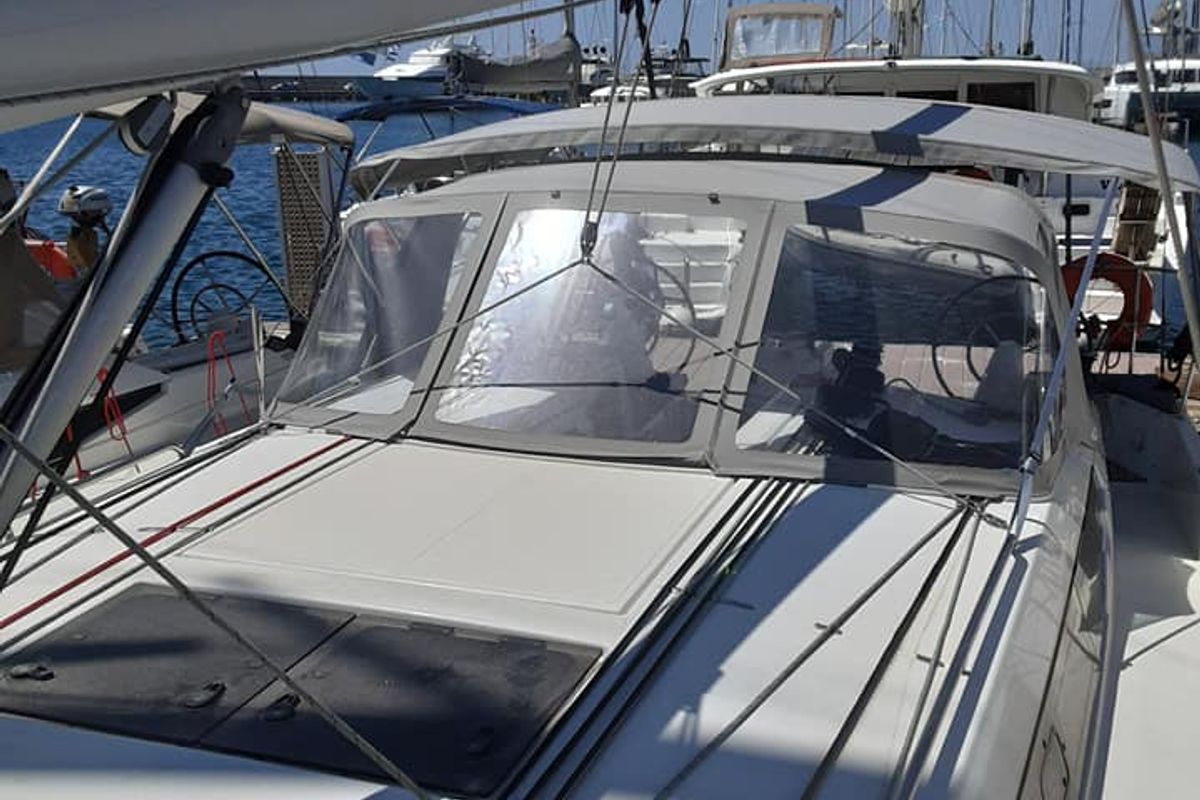 Deck of Circe, a Jeanneau Sun Odyssey 410 sailboat at Volos Municipality, Greece