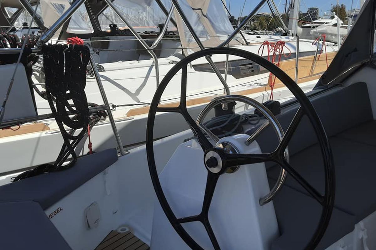 Cockpit of Circe, a Jeanneau Sun Odyssey 410 sailboat at Volos Municipality, Greece