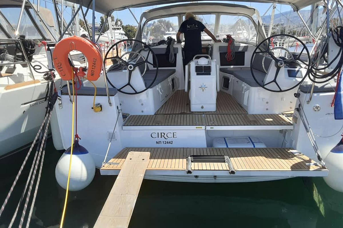 Cockpit of Circe, a Jeanneau Sun Odyssey 410 sailboat at Volos Municipality, Greece