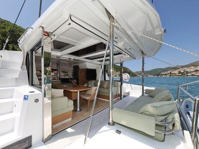 Salon of Chèrie, a Bali 4.2 catamaran at Dubrovnik, Croatia