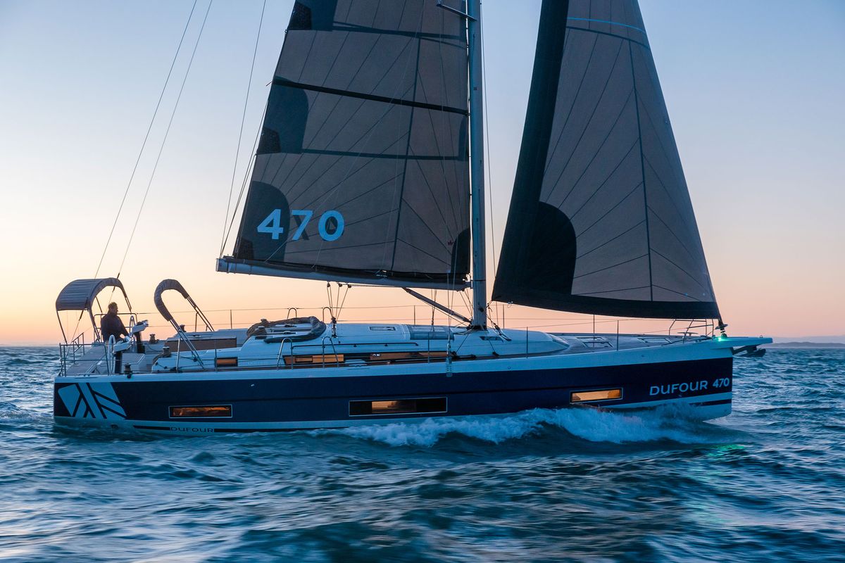 Exterior view of Ninna Nanna, a Dufour 470 sailboat at Cannigione, Italy