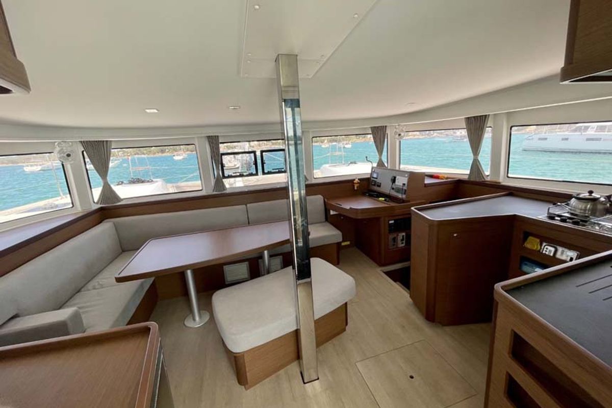 Salon of Day Elli, a Lagoon 42 catamaran at Felanitx, Spain