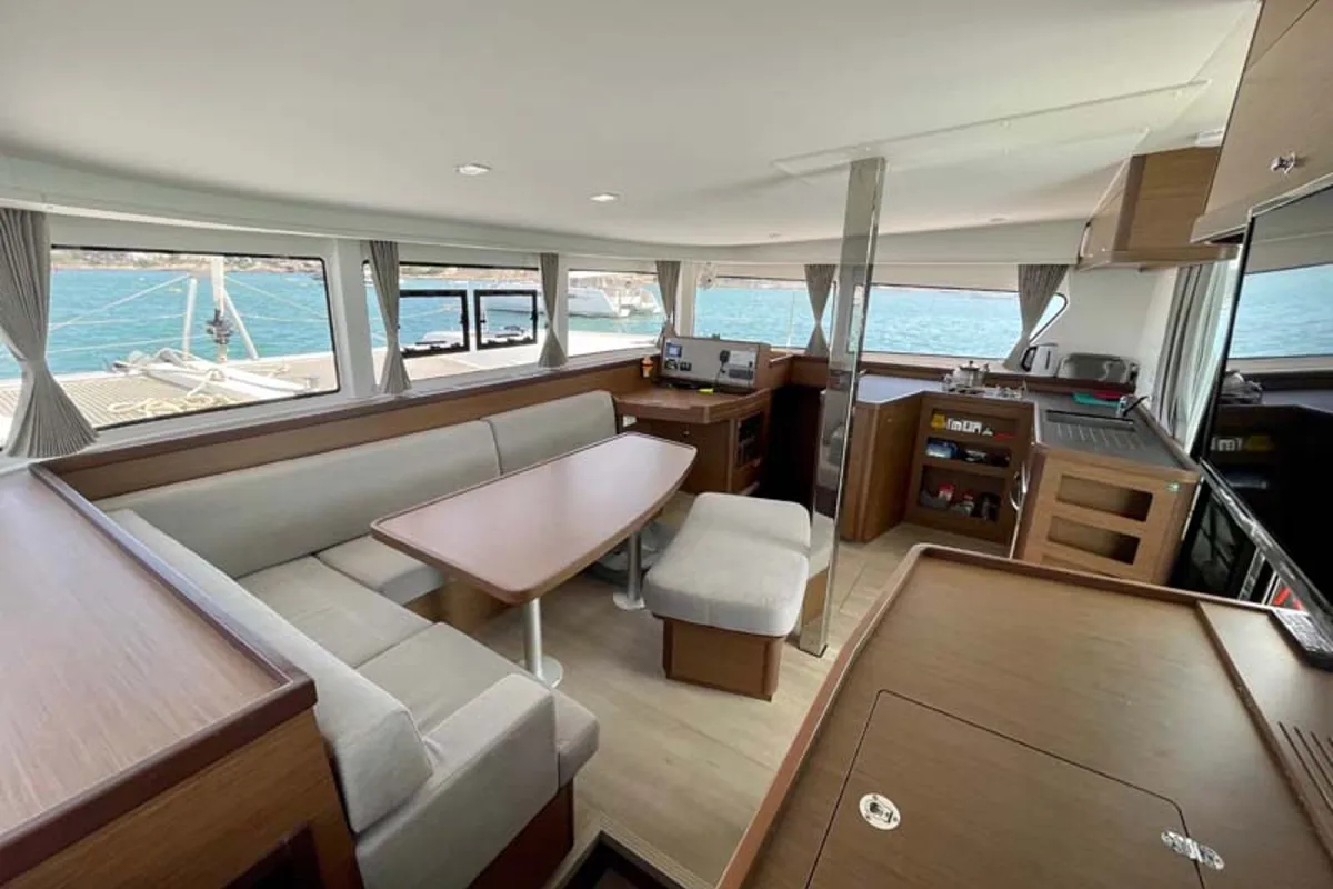 Salon of Day Elli, a Lagoon 42 catamaran at Felanitx, Spain