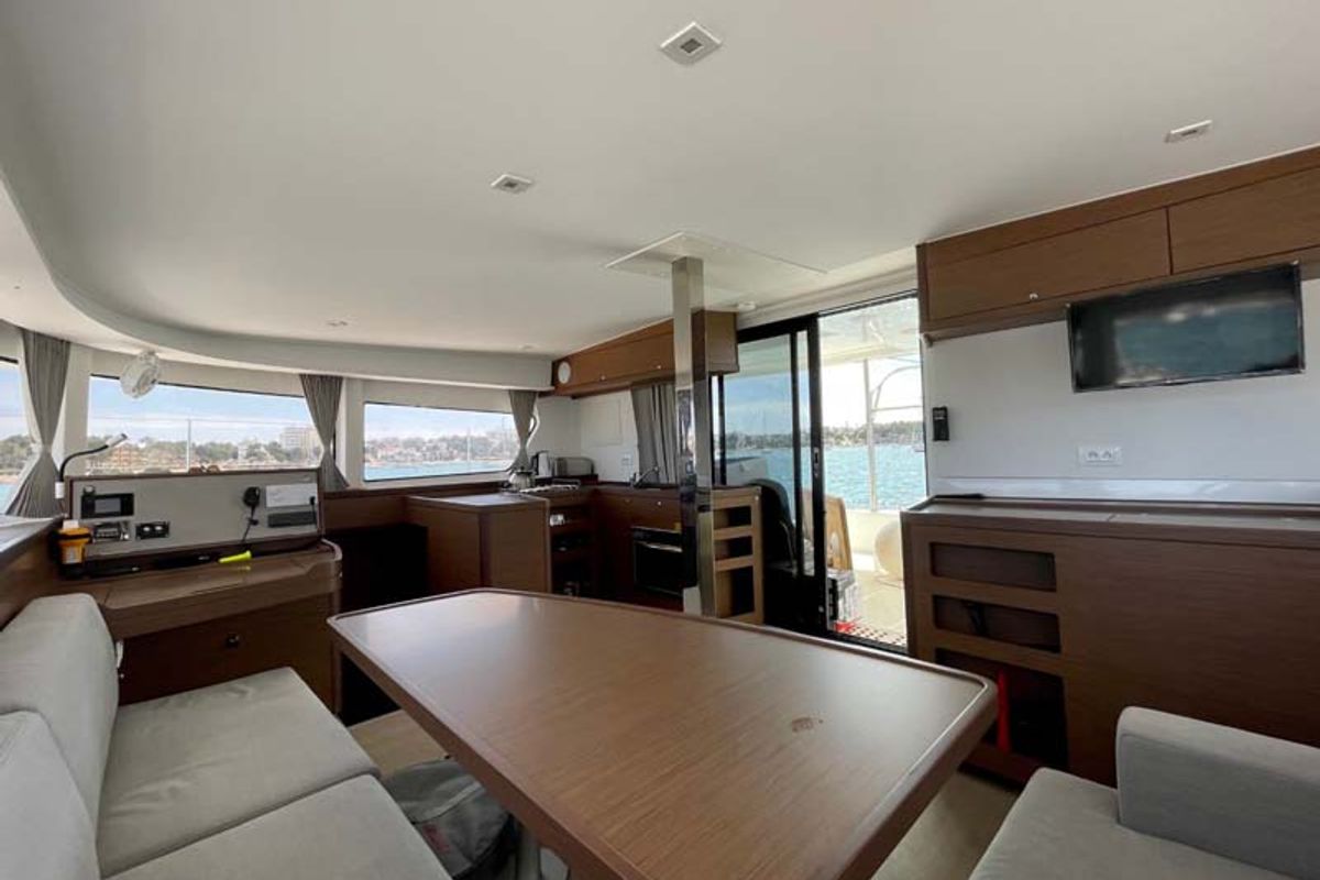 Salon of Day Elli, a Lagoon 42 catamaran at Felanitx, Spain