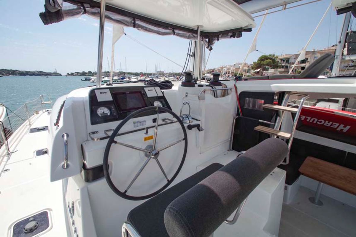 Cockpit of Day Elli, a Lagoon 42 catamaran at Felanitx, Spain