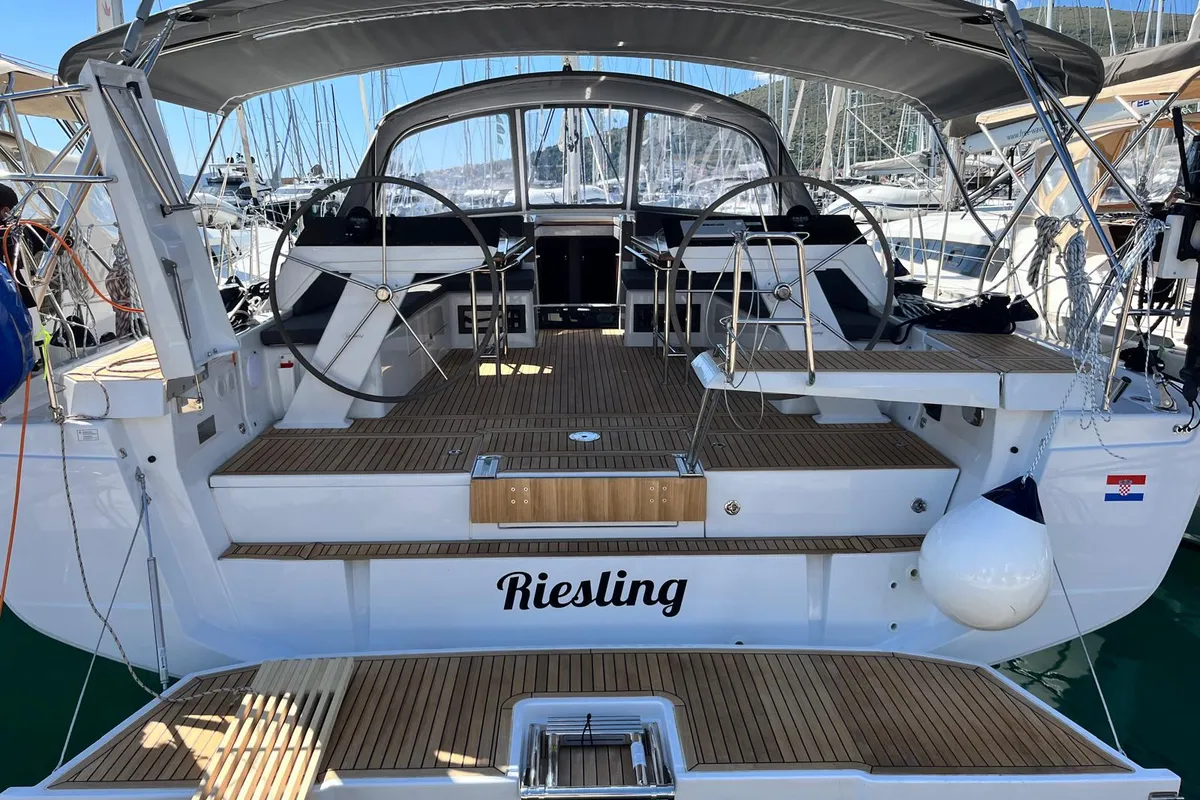 Deck of Riesling, a Hanse Yachts Hanse 460 sailboat at Seget Donji, Croatia