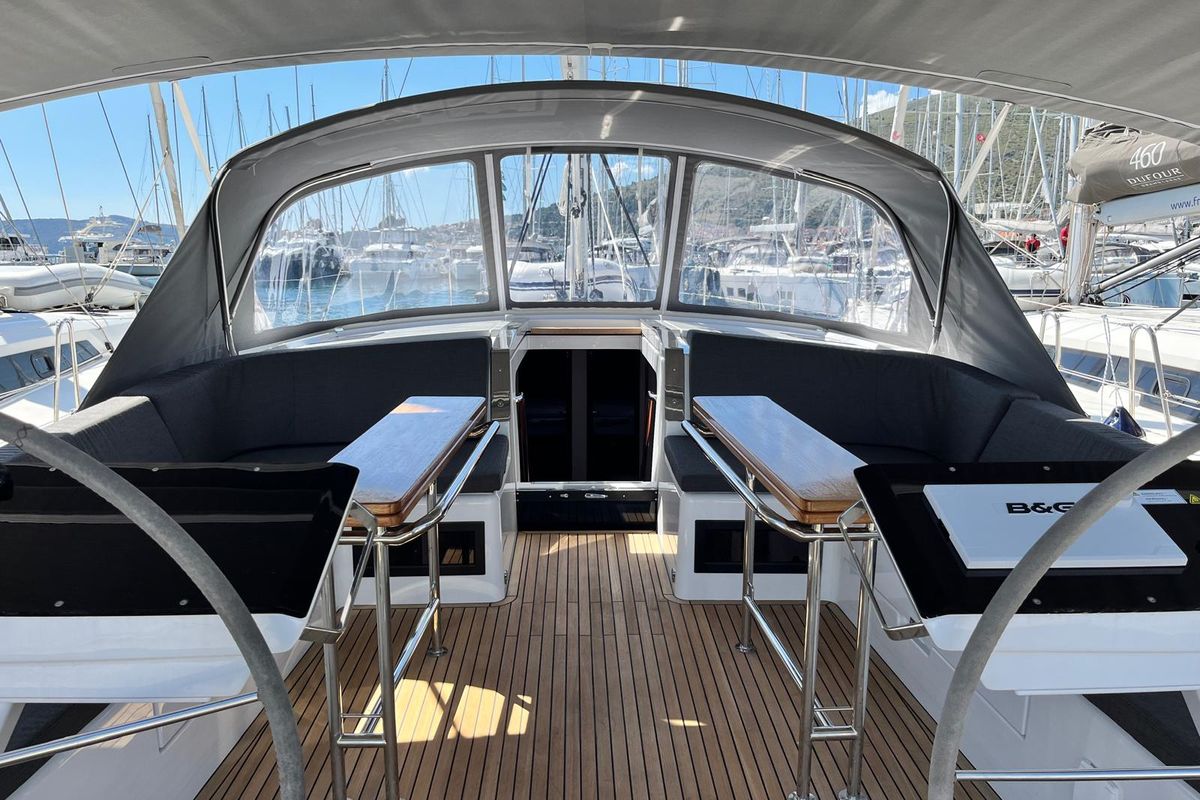 Cockpit of Riesling, a Hanse Yachts Hanse 460 sailboat at Seget Donji, Croatia