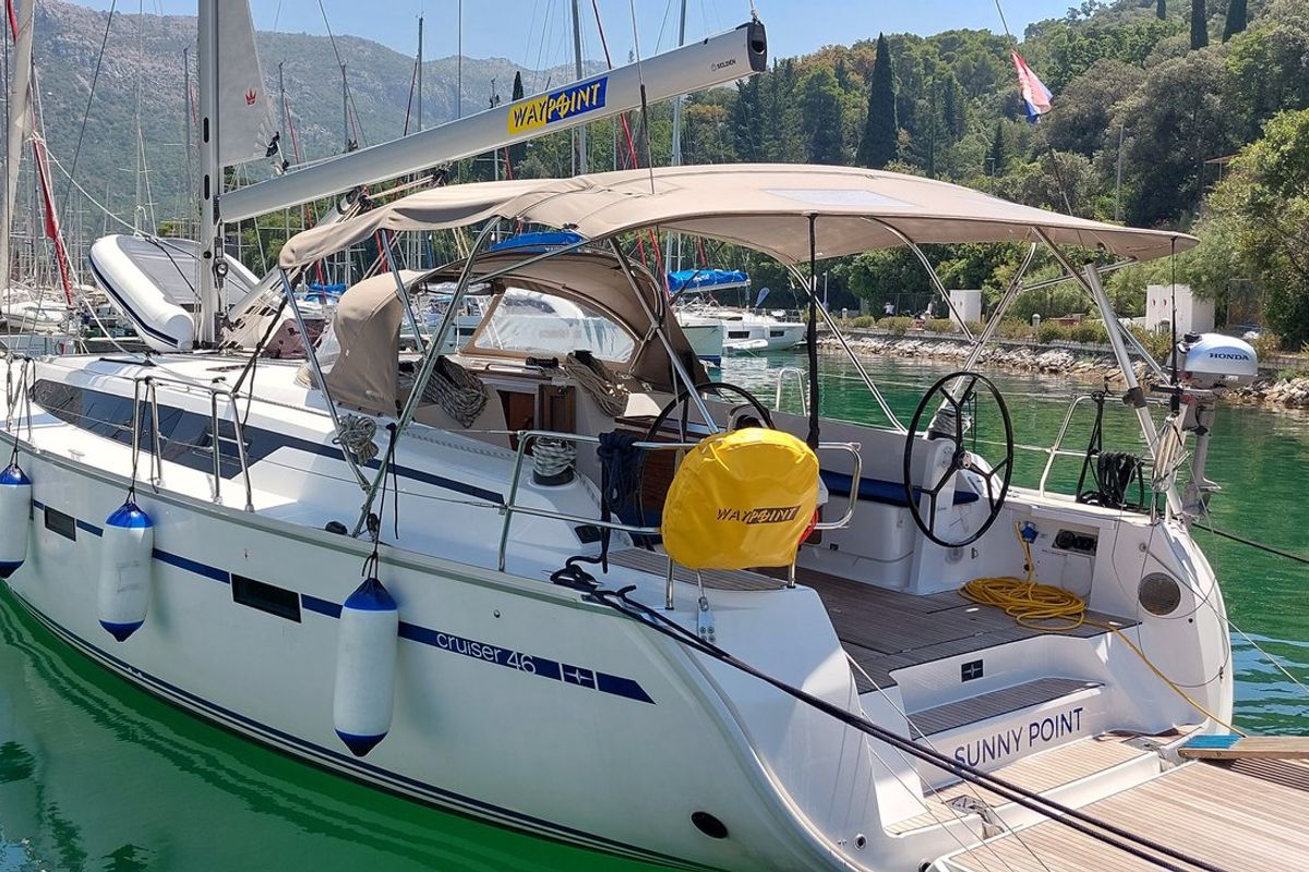 Exterior view of Sunny Point, a Bavaria Cruiser 46 sailboat at Dubrovnik, Croatia