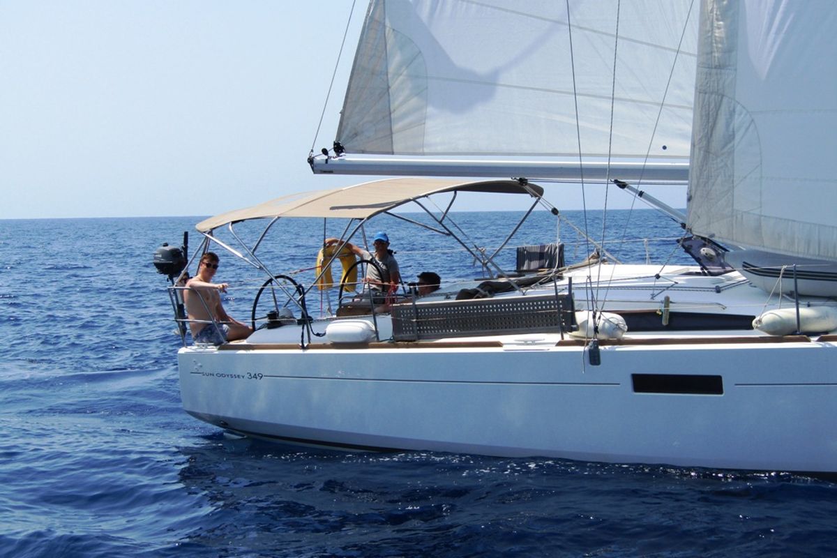 Exterior view of Blue Dreams, a Jeanneau Sun Odyssey 349 sailboat at Fethiye, Turkey