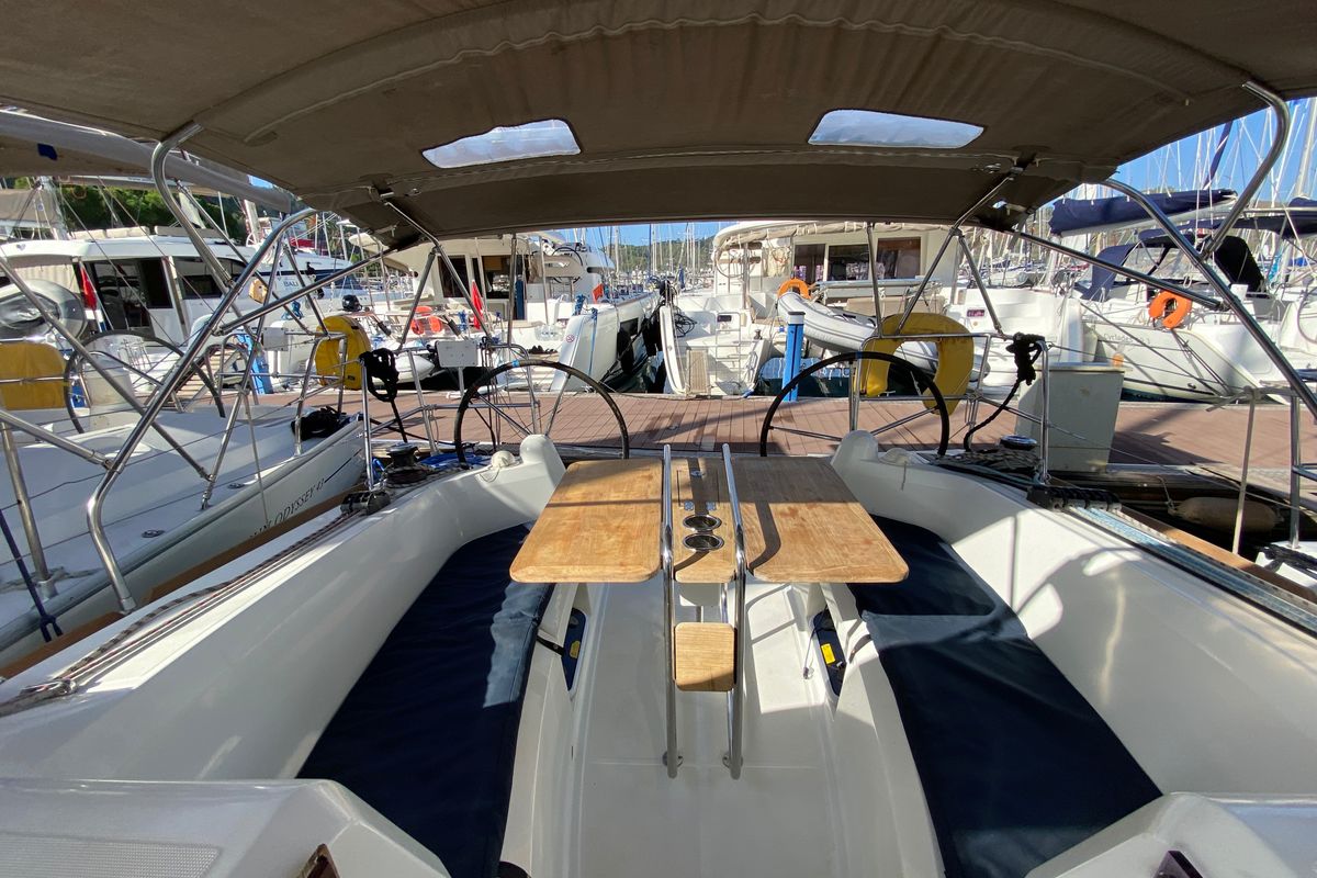 Deck of Blue Dreams, a Jeanneau Sun Odyssey 349 sailboat at Fethiye, Turkey